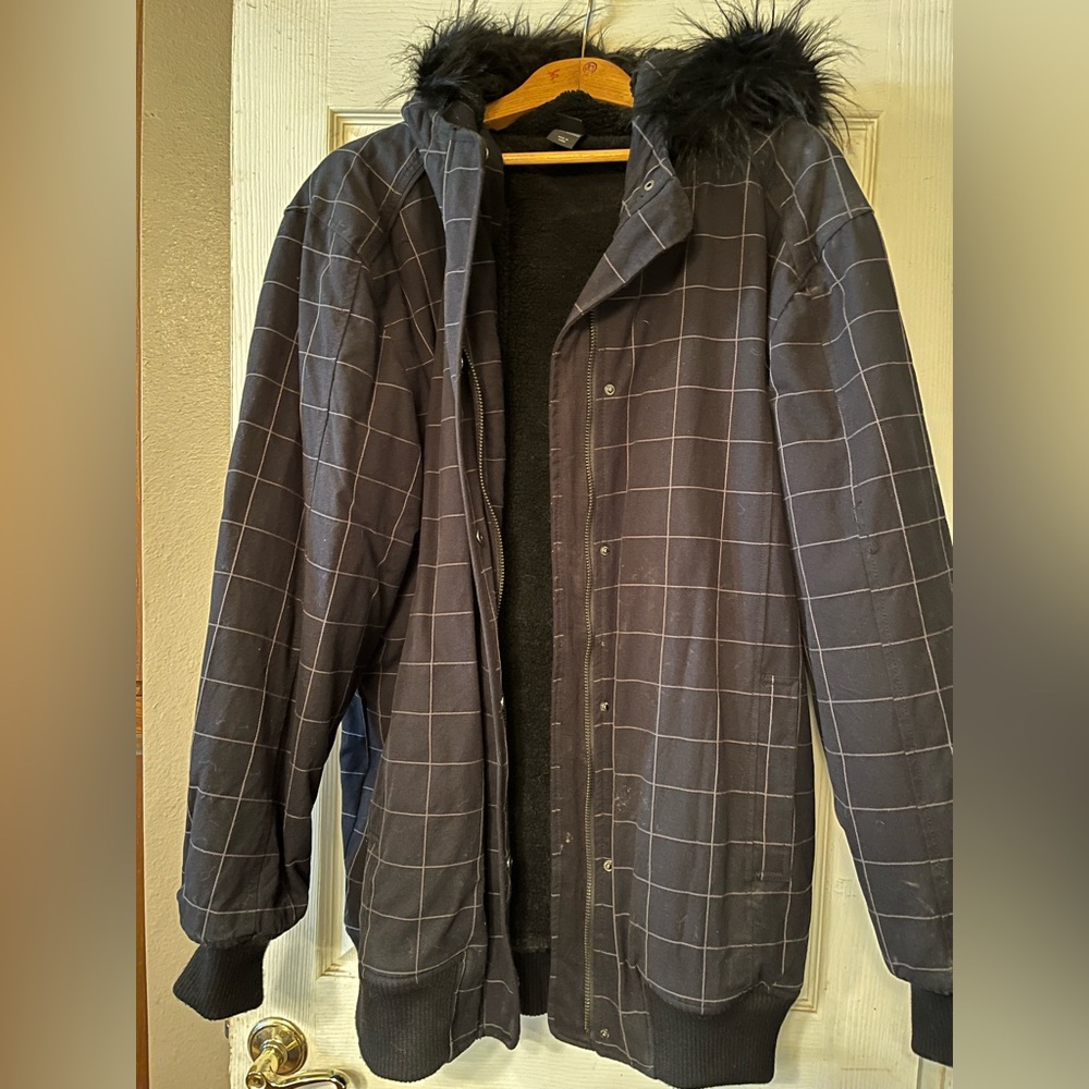 Men's Black Grid Heavy Coat with Faux Fur Hood